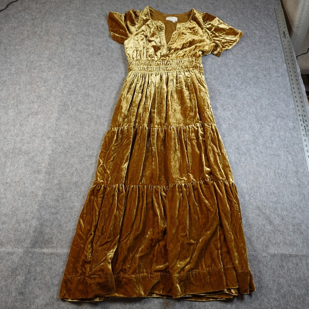 Anthropologie Dress‎ Womens Medium Somerset Maxi Velvet Gold Bamboo Tiered - Picture 2 of 11